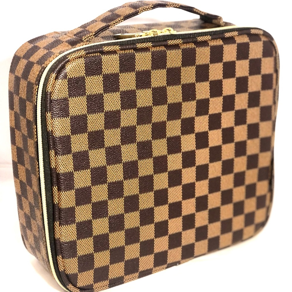 Travel Makeup Case,  Cosmetic and Makeup Bag Organizer, Brown Checkered